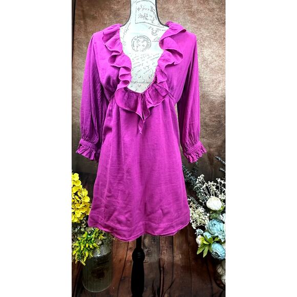 Free People Ruffled Collar 3/4 Sleeves Deep V Front Morning Light Mini Dress XS - Picture 4 of 13